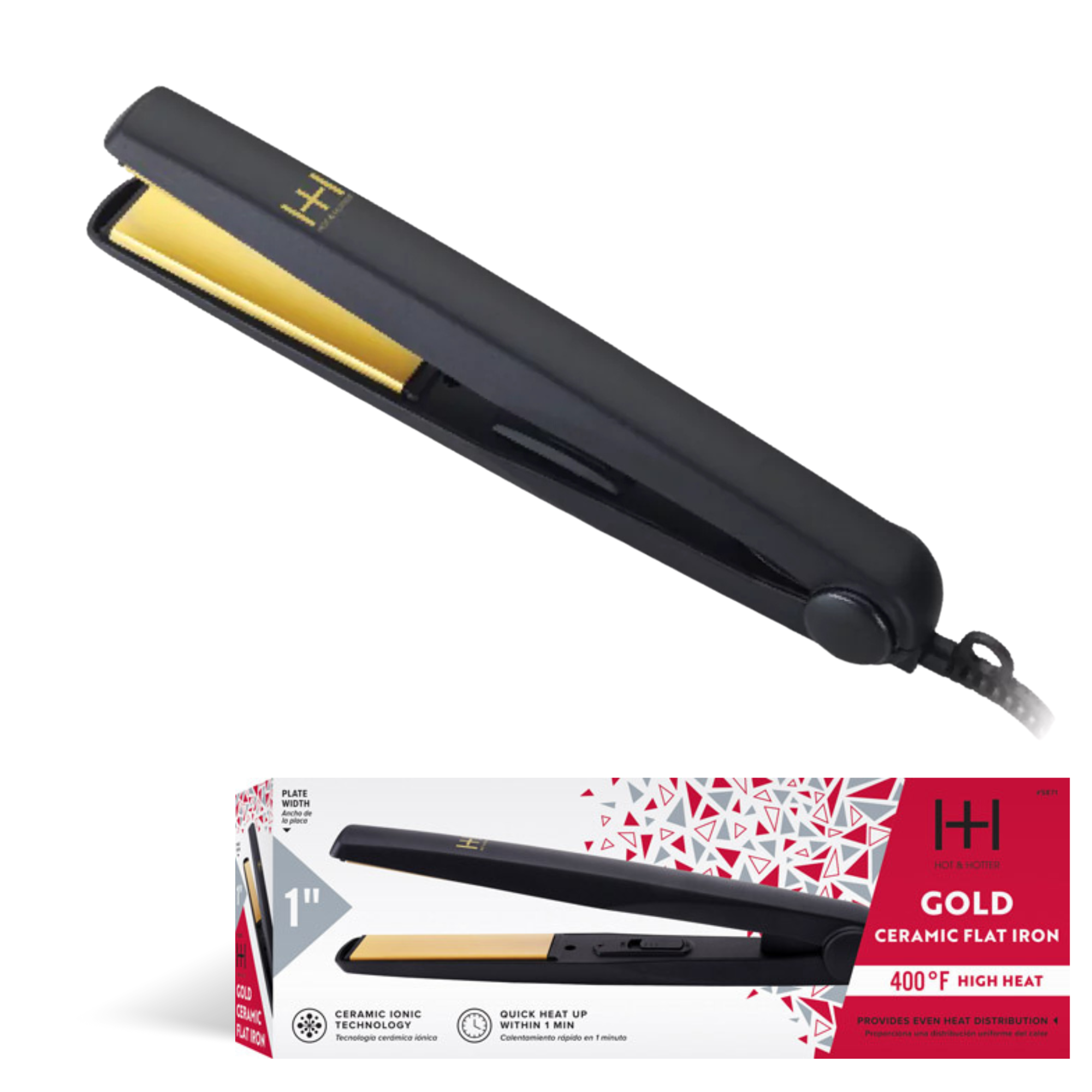 Hot & Hotter Gold Ceramic Electric Flat Iron 1 Inch, 1 Count, Black