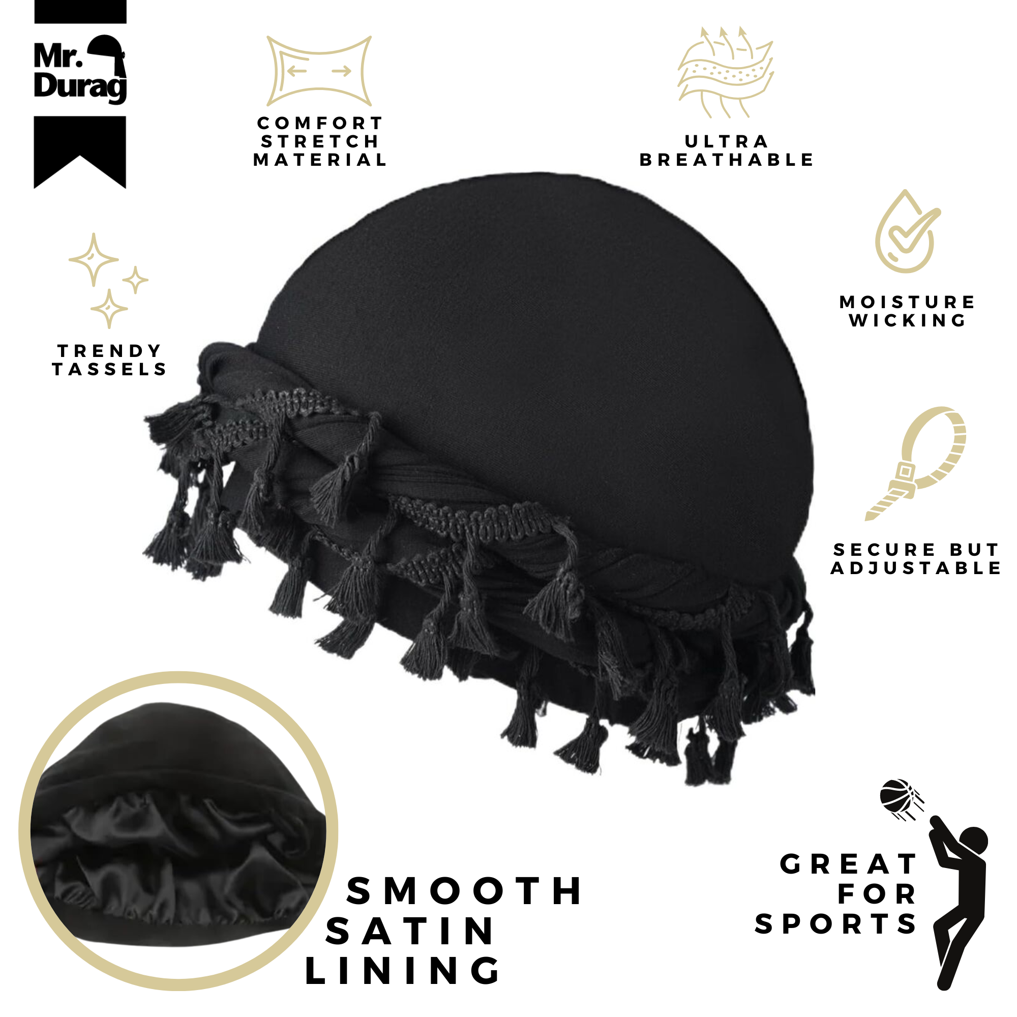 Mr. Durag Silky Spandex Crown Turban with Tassel L/XL, 1 Count Men's Halo Turban, Black