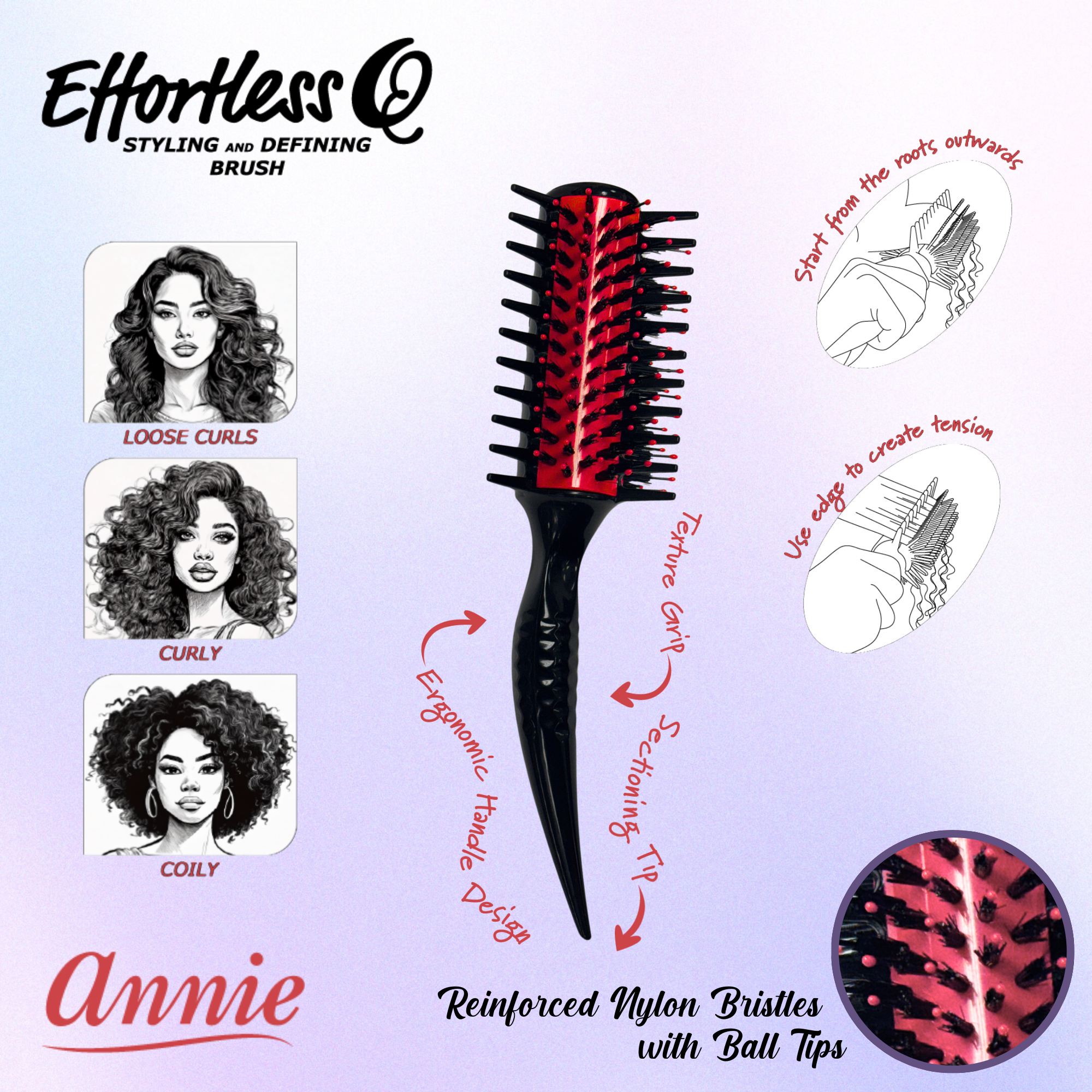 Annie Effortless Q Style & Define Brush Reinforced Bristles, 1 Count, Assorted Colors