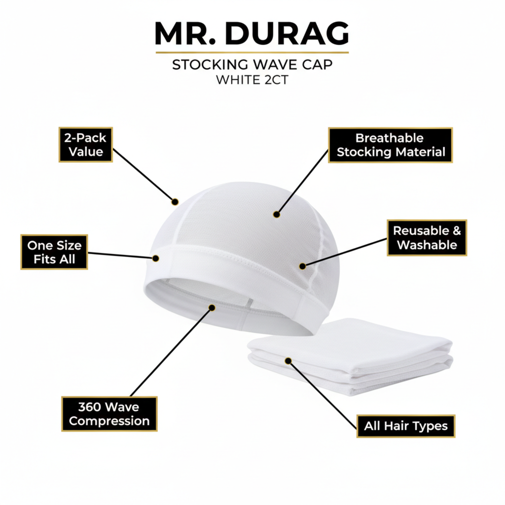 Mr. Durag Stocking Wave Cap, 2 Count, White